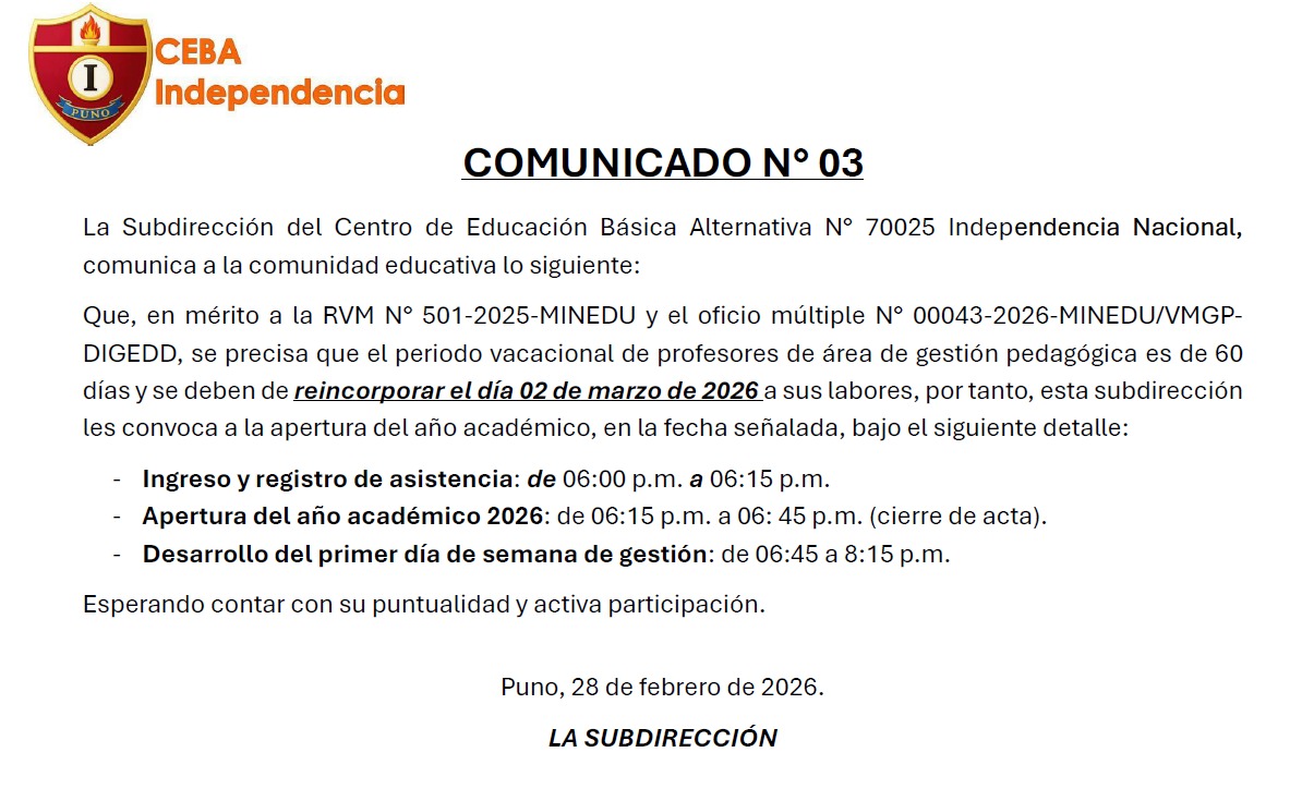 APERTURA DEL AÑO ACADÉMICO 2026 - CEBA INDEPENDENCIA